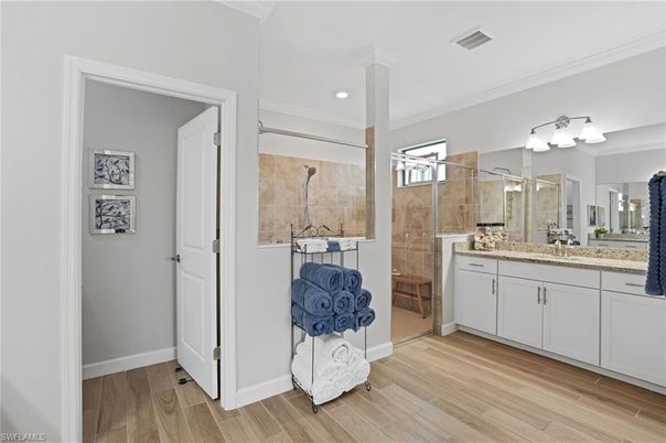 Bathroom, Glass Shower, Interior, Recessed Lighting, Wood Texture Flooring