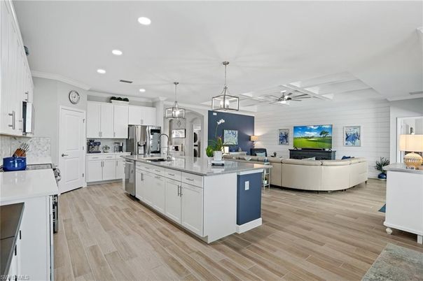Interior, Kitchen, Living room, Pendant Lights, Recessed Lighting, Stainless Steel Appliances, Wood Texture Flooring