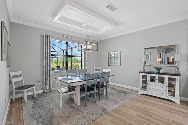 Dining room, Interior, Pendant Lights, Wood Texture Flooring