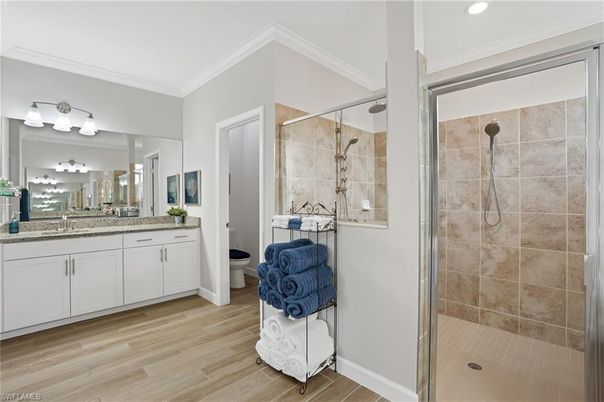 Bathroom, Glass Shower, Interior, Recessed Lighting, Wood Texture Flooring