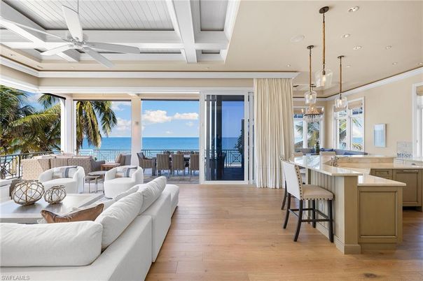 Interior, Kitchen, Living room, Pendant Lights, Recessed Lighting, Water, Wood Texture Flooring