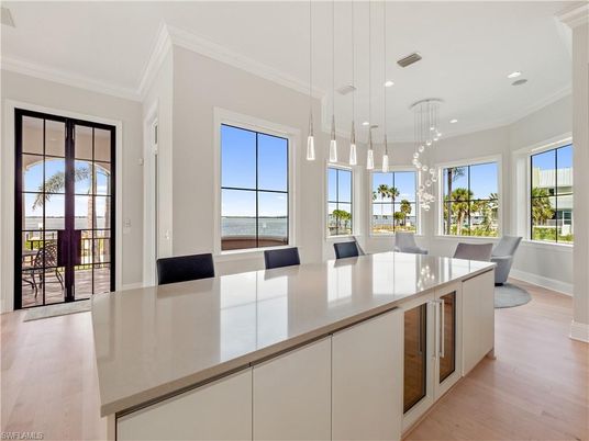 Dining room, Interior, Kitchen, Pendant Lights, Recessed Lighting, Water, Wood Texture Flooring