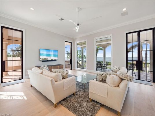 Interior, Living room, Pendant Lights, Recessed Lighting, Water, Wood Texture Flooring