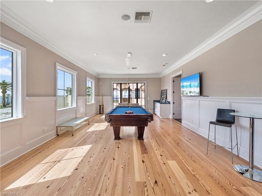 Billiard Table, Game Room, Interior, Pendant Lights, Recessed Lighting, Wood Texture Flooring