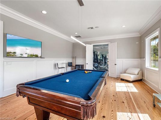 Billiard Table, Fitness Equipment, Game Room, Interior, Recessed Lighting, Wood Texture Flooring