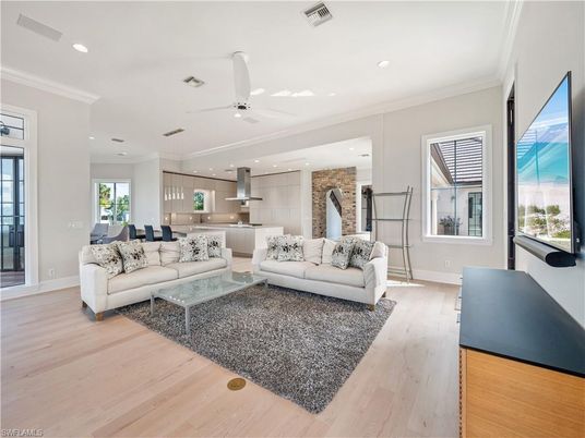 Interior, Kitchen, Living room, Pendant Lights, Recessed Lighting, Stone Walls, Wood Texture Flooring