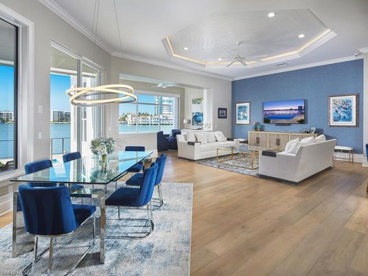 Dining room, Interior, Living room, Pendant Lights, Recessed Lighting, Water, Wood Texture Flooring