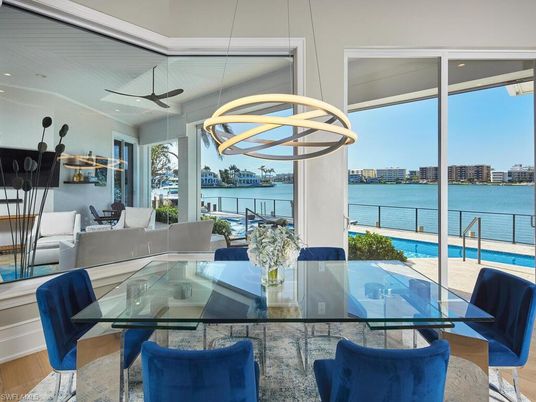 Dining room, Interior, Pendant Lights, Water, Wood Texture Flooring