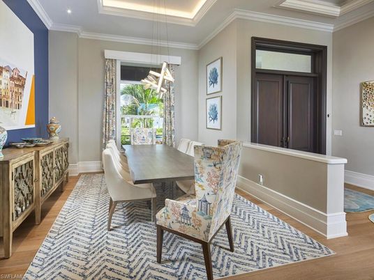 Dining room, Interior, Pendant Lights, Recessed Lighting, Wood Texture Flooring