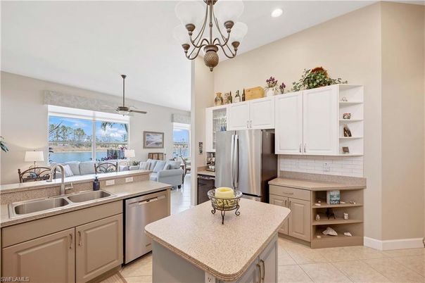 Chandelier, Dining room, Interior, Kitchen, Living room, Recessed Lighting, Stainless Steel Appliances