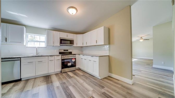 Interior, Kitchen, Stainless Steel Appliances, Wood Texture Flooring
