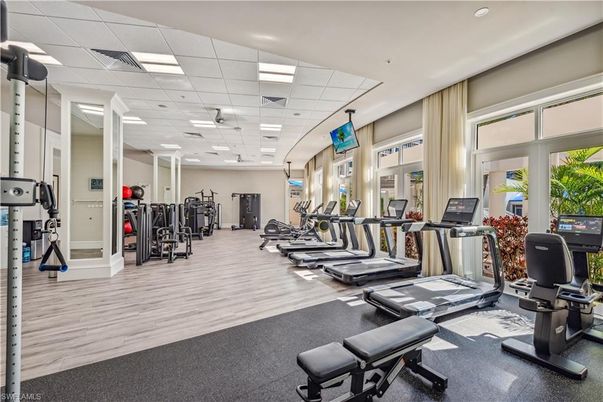 Fitness Equipment, Gym, Interior, Recessed Lighting, Wood Texture Flooring
