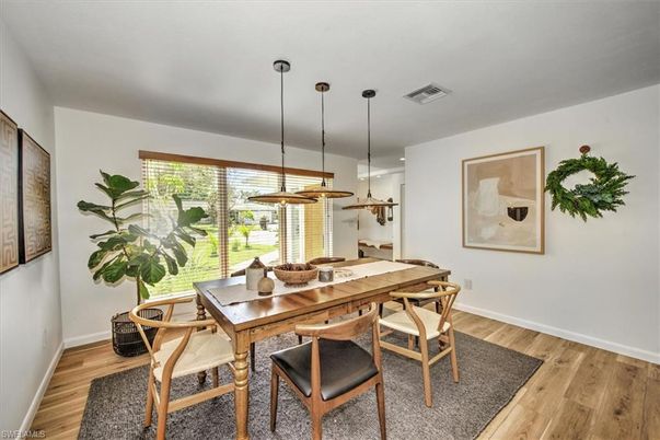 Dining room, Interior, Pendant Lights, Wood Texture Flooring