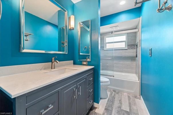 Bathroom, Glass Shower, Interior, Recessed Lighting, Wood Texture Flooring