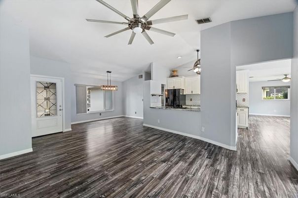 Empty room, Interior, Kitchen, Pendant Lights, Wood Texture Flooring