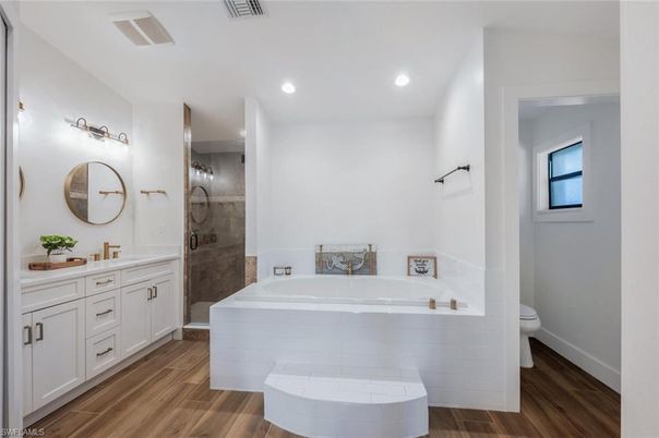 Bathroom, Glass Shower, Interior, Recessed Lighting, Wood Texture Flooring