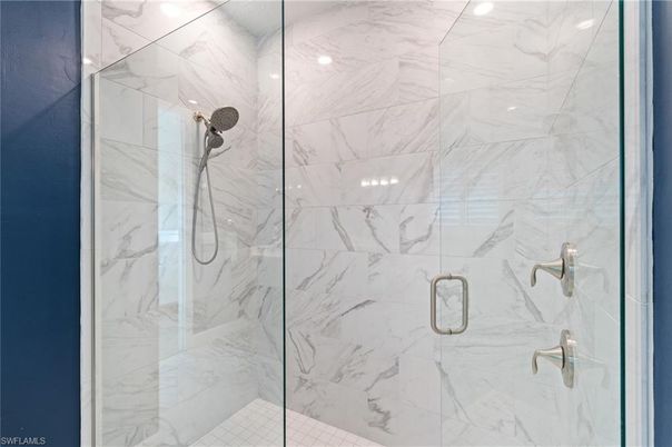 Bathroom, Glass Shower, Interior, Marble Walls, Recessed Lighting