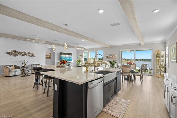 Dining room, Interior, Kitchen, Living room, Pendant Lights, Recessed Lighting, Wood Texture Flooring