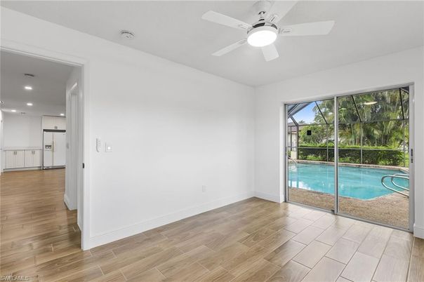 Empty room, Interior, Pool, Recessed Lighting, Wood Texture Flooring