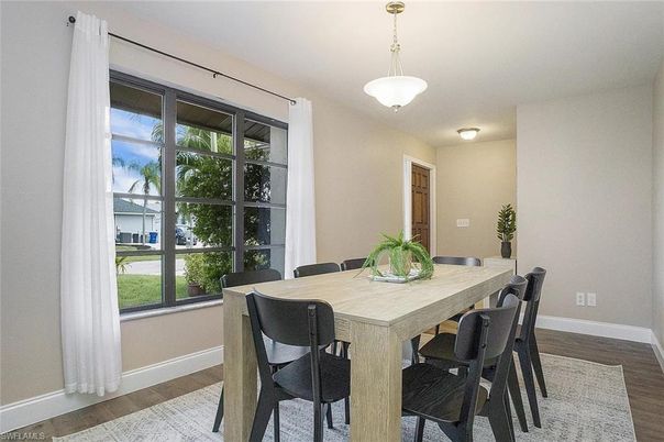 Dining room, Interior, Pendant Lights, Wood Texture Flooring