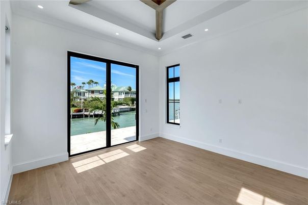 Empty room, Interior, Recessed Lighting, Water, Wooden Beams, Wood Texture Flooring