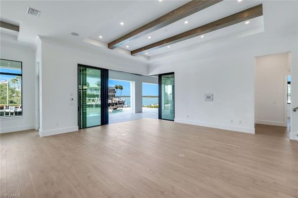 Empty room, Interior, Recessed Lighting, Wooden Beams, Wood Texture Flooring