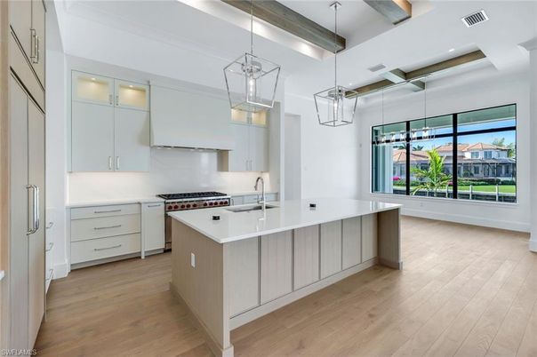 Interior, Kitchen, Pendant Lights, Recessed Lighting, Stainless Steel Appliances, Wooden Beams, Wood Texture Flooring