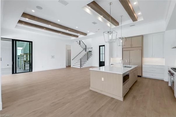 Interior, Kitchen, Pendant Lights, Recessed Lighting, Stainless Steel Appliances, Wooden Beams, Wood Texture Flooring