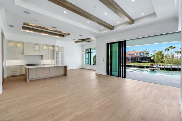 Interior, Kitchen, Pendant Lights, Recessed Lighting, Wooden Beams, Wood Texture Flooring