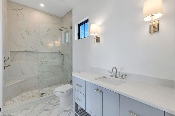 Bathroom, Glass Shower, Interior, Marble Walls, Recessed Lighting