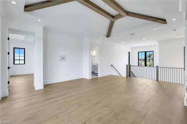 Empty room, Interior, Recessed Lighting, Wooden Beams, Wood Texture Flooring