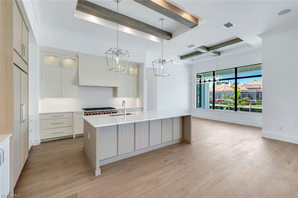 Interior, Kitchen, Pendant Lights, Stainless Steel Appliances, Wooden Beams, Wood Texture Flooring