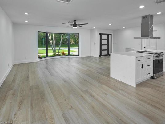 Empty room, Interior, Kitchen, Recessed Lighting, Wood Texture Flooring