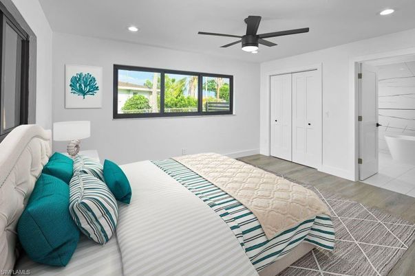 Bedroom, Interior, Recessed Lighting, Wood Texture Flooring