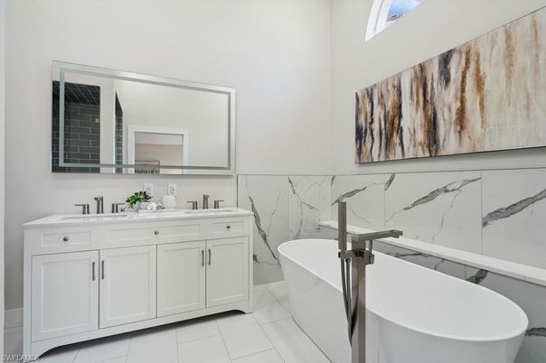Bathroom, Dual Sink Vanities, Free Standing Baths, Interior, Marble, Marble Walls