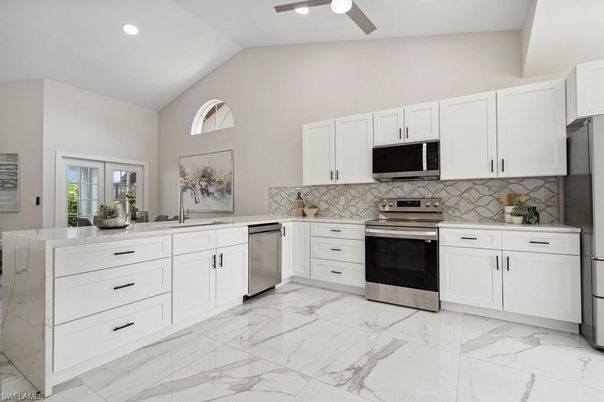 Interior, Kitchen, Marble, Recessed Lighting, Stainless Steel Appliances
