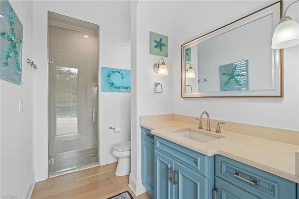 Bathroom, Glass Shower, Interior, Wood Texture Flooring