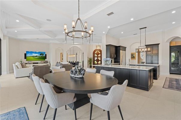 Chandelier, Dining room, Interior, Kitchen, Living room, Pendant Lights, Recessed Lighting, Stainless Steel Appliances