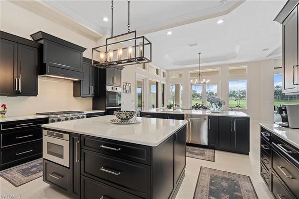 Chandelier, Interior, Kitchen, Pendant Lights, Recessed Lighting, Stainless Steel Appliances