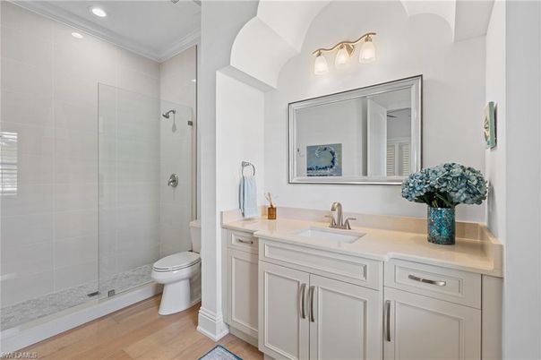Bathroom, Glass Shower, Interior, Recessed Lighting, Wood Texture Flooring