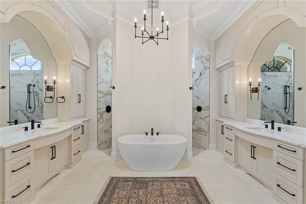 Bathroom, Dual Sink Vanities, Free Standing Baths, Interior, Marble Walls, Pendant Lights