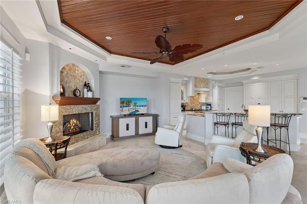 Fireplace, Interior, Kitchen, Living room, Recessed Lighting, Wooden Ceilings