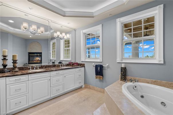 Bathroom, Dual Sink Vanities, Fireplace, Interior, Recessed Lighting
