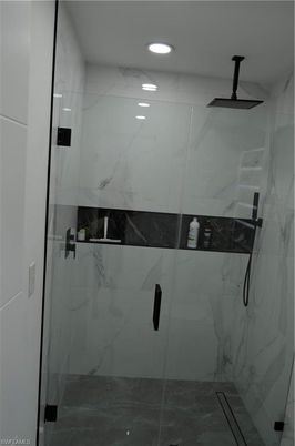 Bathroom, Glass Shower, Interior, Marble Walls, Recessed Lighting