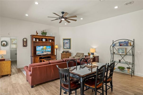 Dining room, Interior, Living room, Recessed Lighting, Wood Texture Flooring