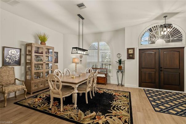Dining room, Interior, Pendant Lights, Wood Texture Flooring
