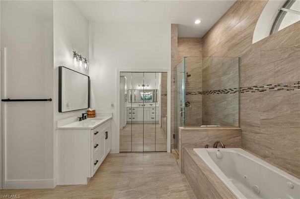 Bathroom, Dual Sink Vanities, Glass Shower, Interior, Recessed Lighting