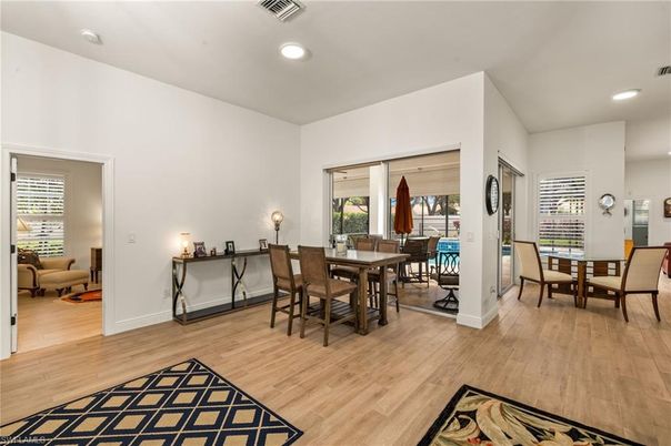 Dining room, Interior, Recessed Lighting, Wood Texture Flooring