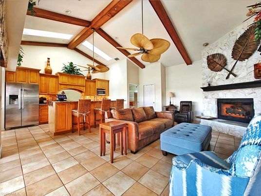 Fireplace, Interior, Kitchen, Living room, Recessed Lighting, Stainless Steel Appliances, Wooden Beams
