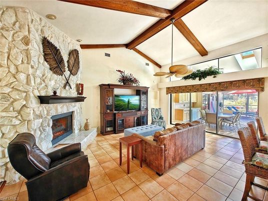 Dining room, Fireplace, Interior, Living room, Stone Walls, Wooden Beams
